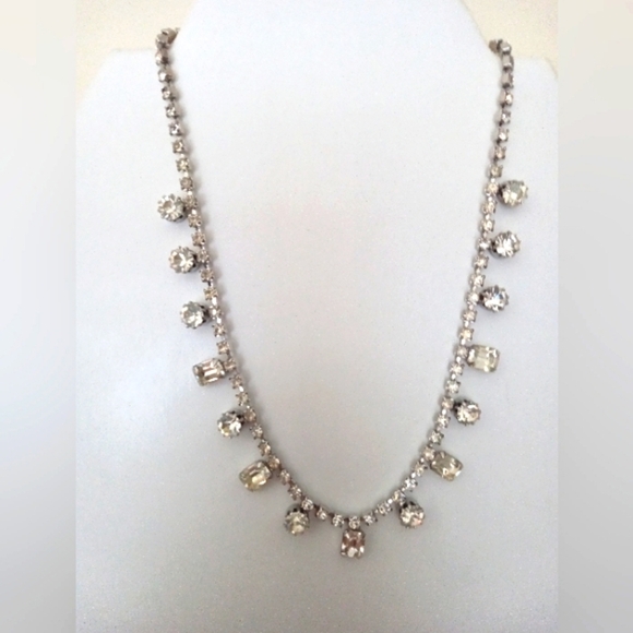 Rhinestone Choker Necklace Vintage Prong Set Silver Tone Bridal Runway Pageant - Picture 2 of 4